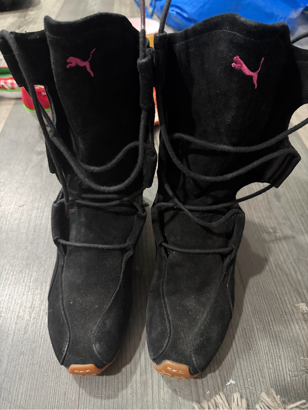 Puma Black Suede Lace-Up High-Top Boots with Pink Logo Accents